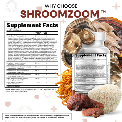 Close up of ShroomZoom daily mushroom capsules next to the premium protective dietary supplement bottle.