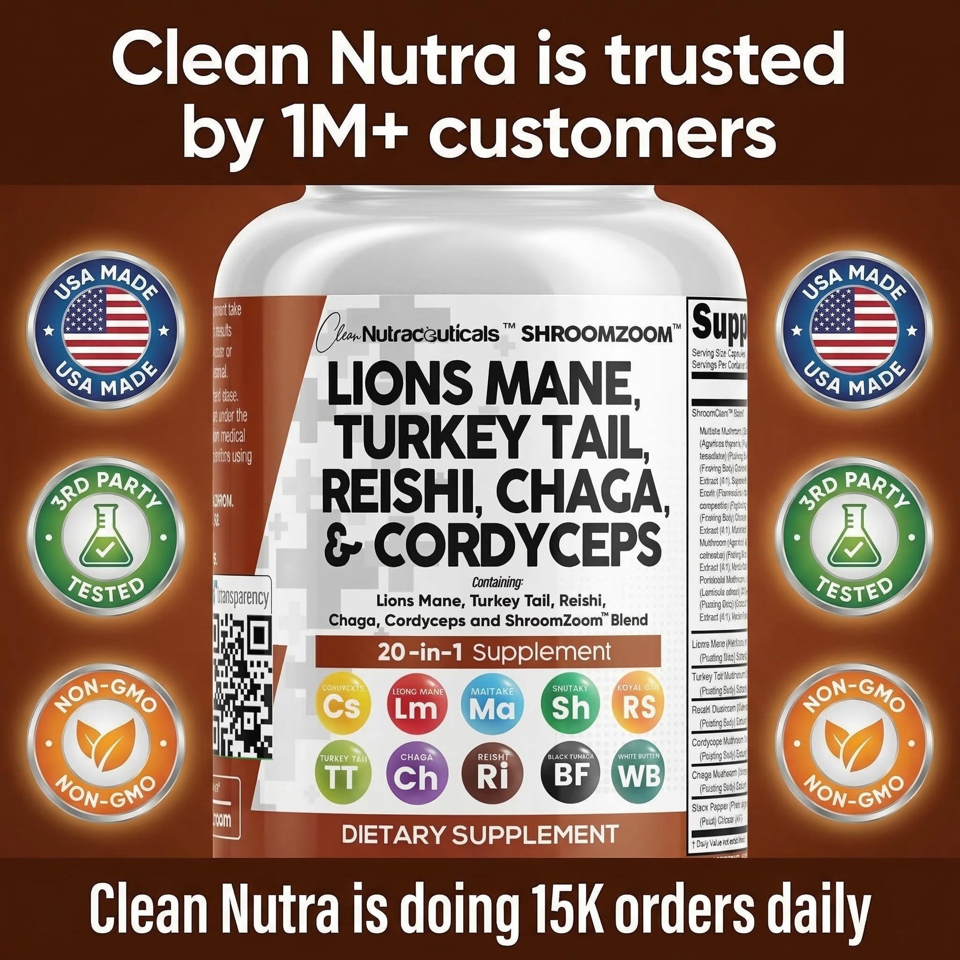 Clean Nutraceuticals memory and focus supplement bottle showcasing the primary extracts of reishi and chaga.