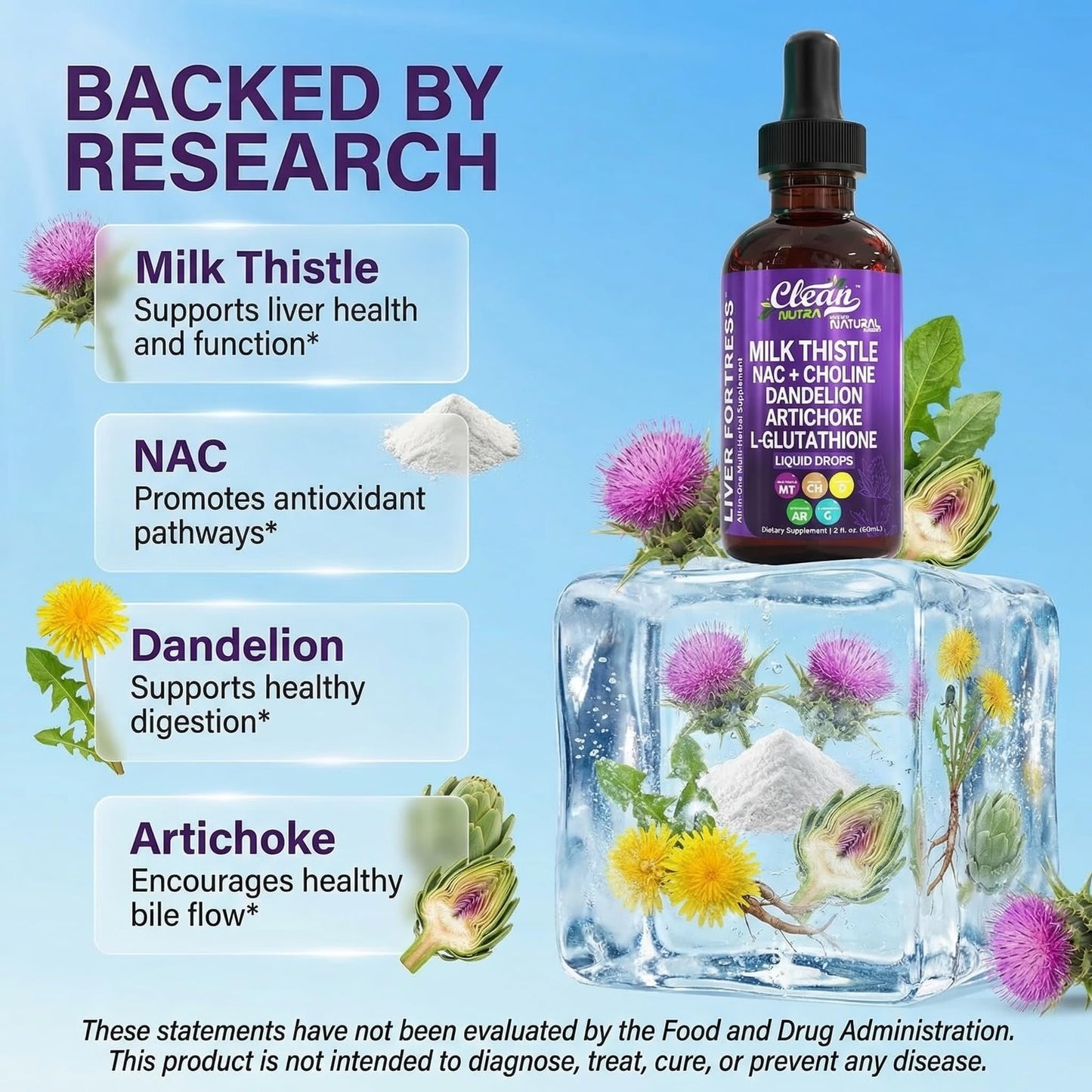 Clean Nutraceuticals two fluid ounces unflavored liver repair supplement dropper bottle on a clean background.