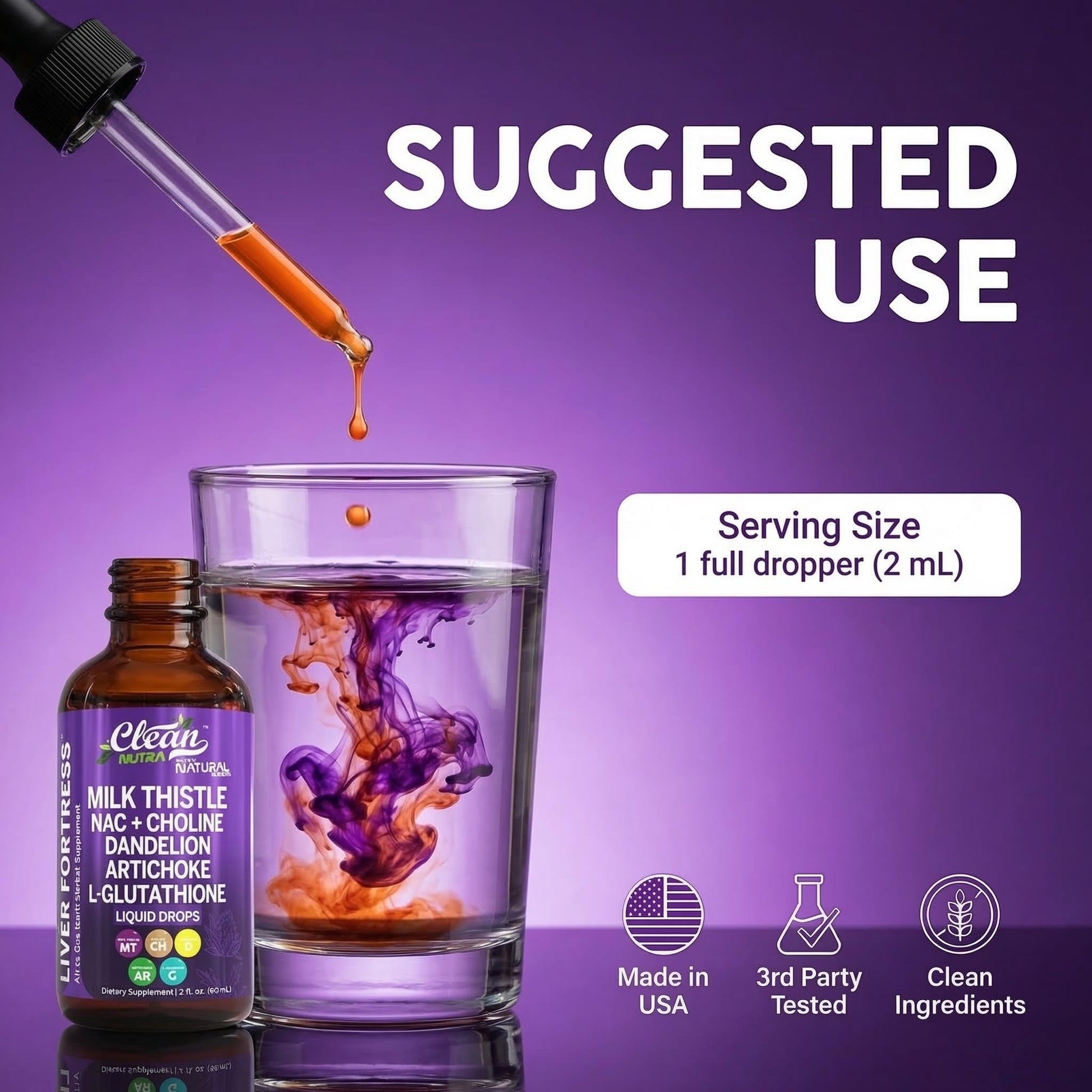Side angle view of Clean Nutraceuticals unflavored liver drops showcasing the premium amber glass bottle.