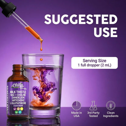 Side angle view of Clean Nutraceuticals unflavored liver drops showcasing the premium amber glass bottle.