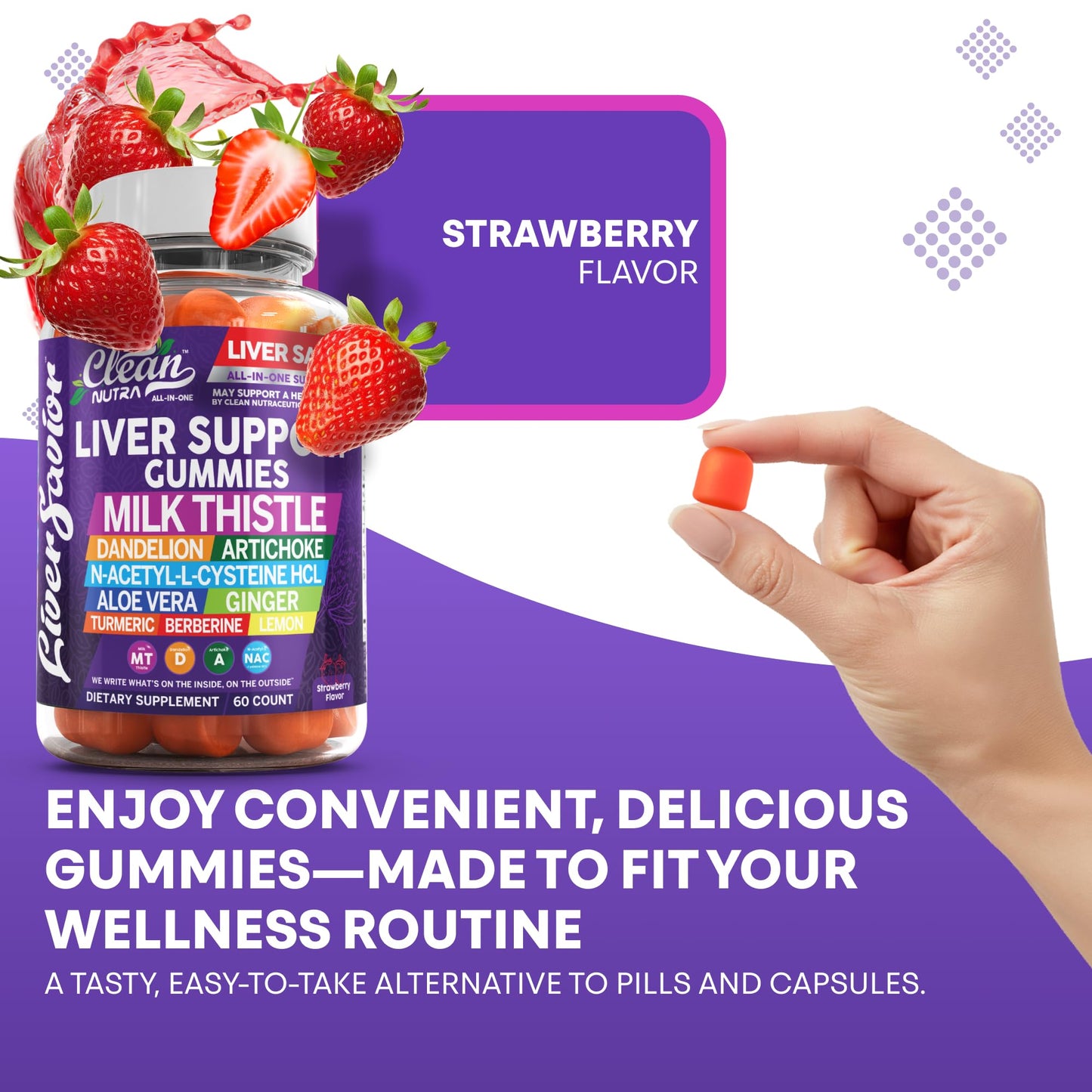 Clean Nutra strawberry flavor liver cleanse chewable vitamins close up view
