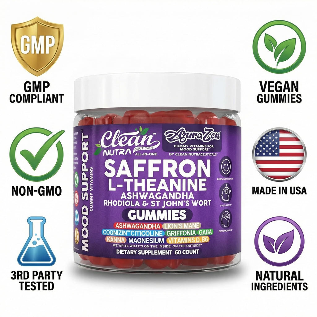 Clean Nutraceuticals AuraZen bottle displayed with natural adaptogen ingredients like rhodiola.