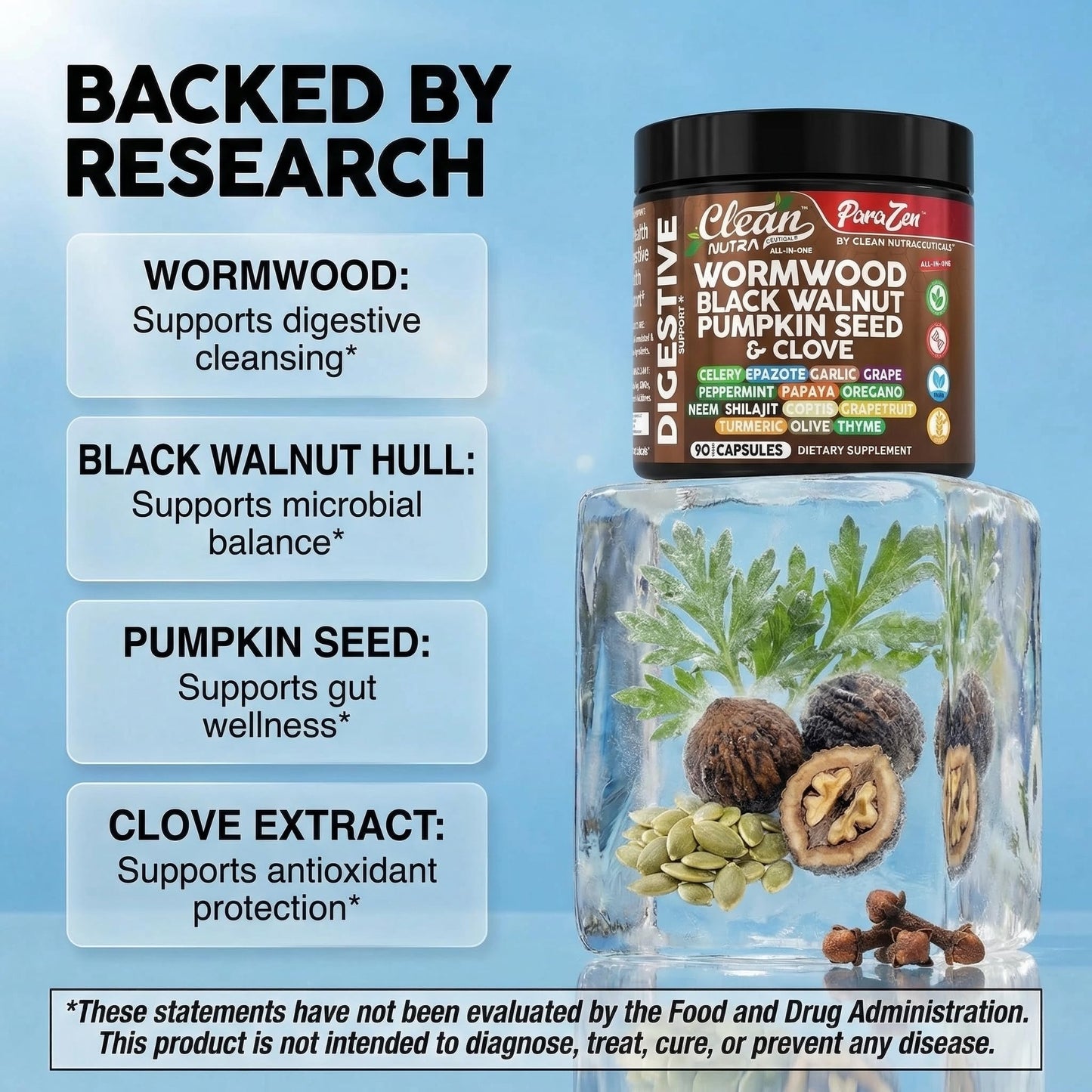 Clean Nutraceuticals Wormwood And Black Walnut Gut Health Supplement Vegan Capsules Closeup