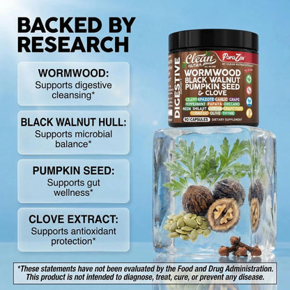 Clean Nutraceuticals Wormwood And Black Walnut Gut Health Supplement Vegan Capsules Closeup