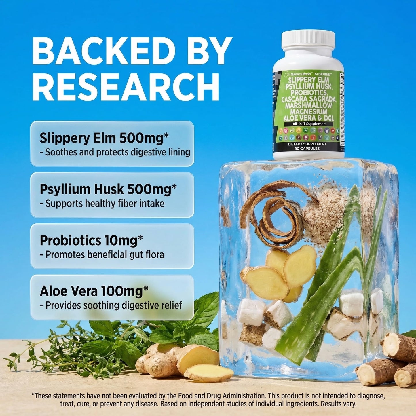 Back label of Qpuyt GI Defend showing supplement facts