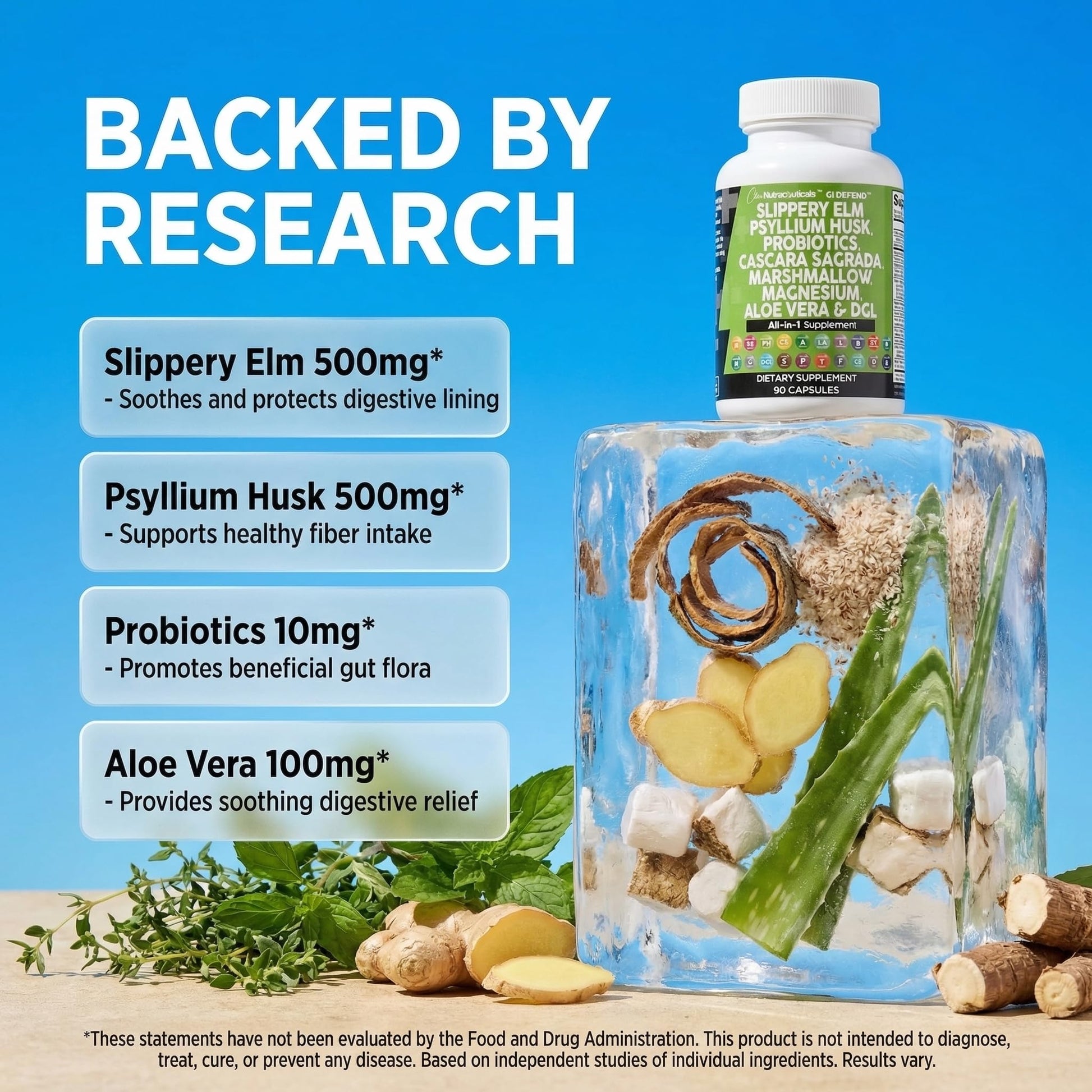 Back label of Qpuyt GI Defend showing supplement facts