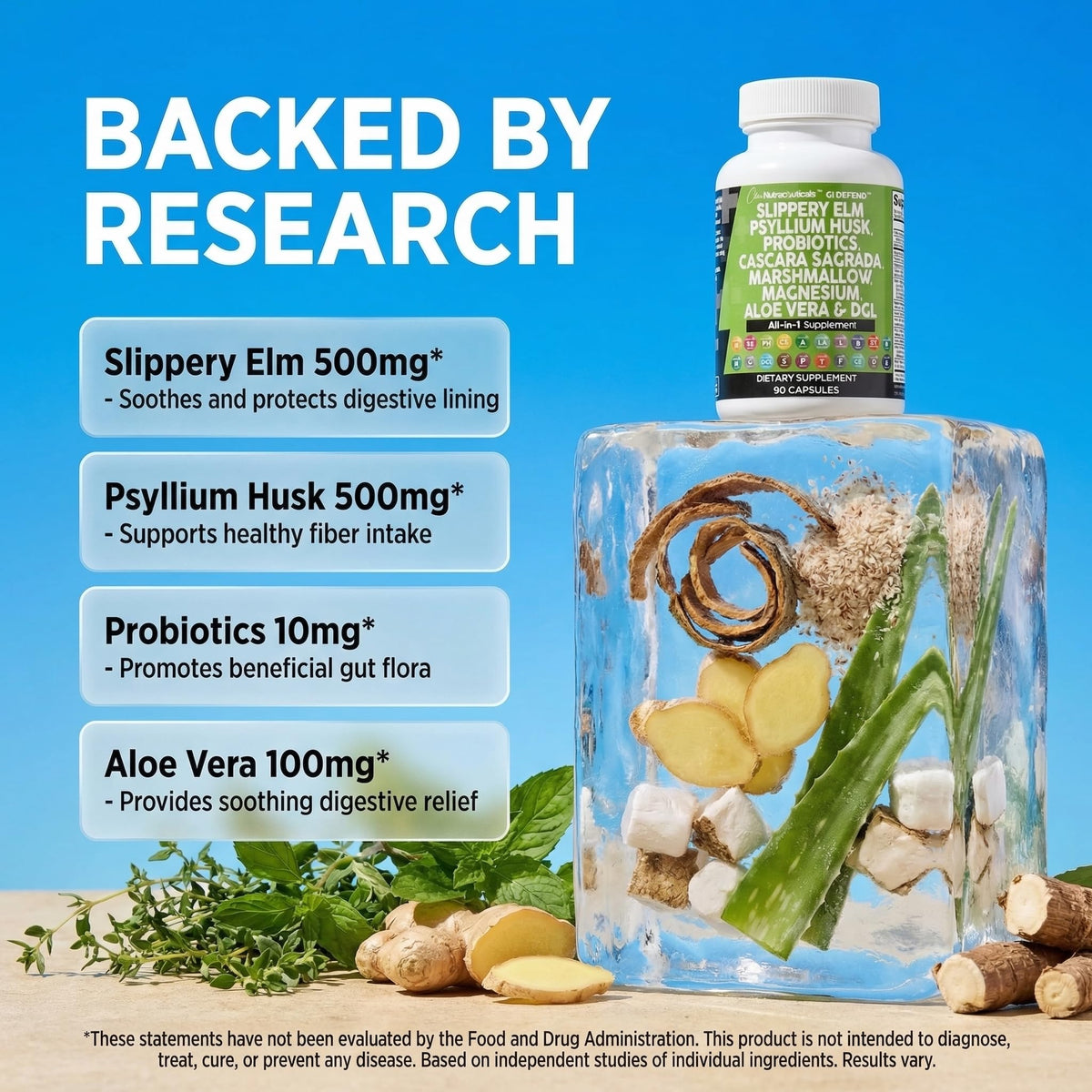Back label of Qpuyt GI Defend showing supplement facts