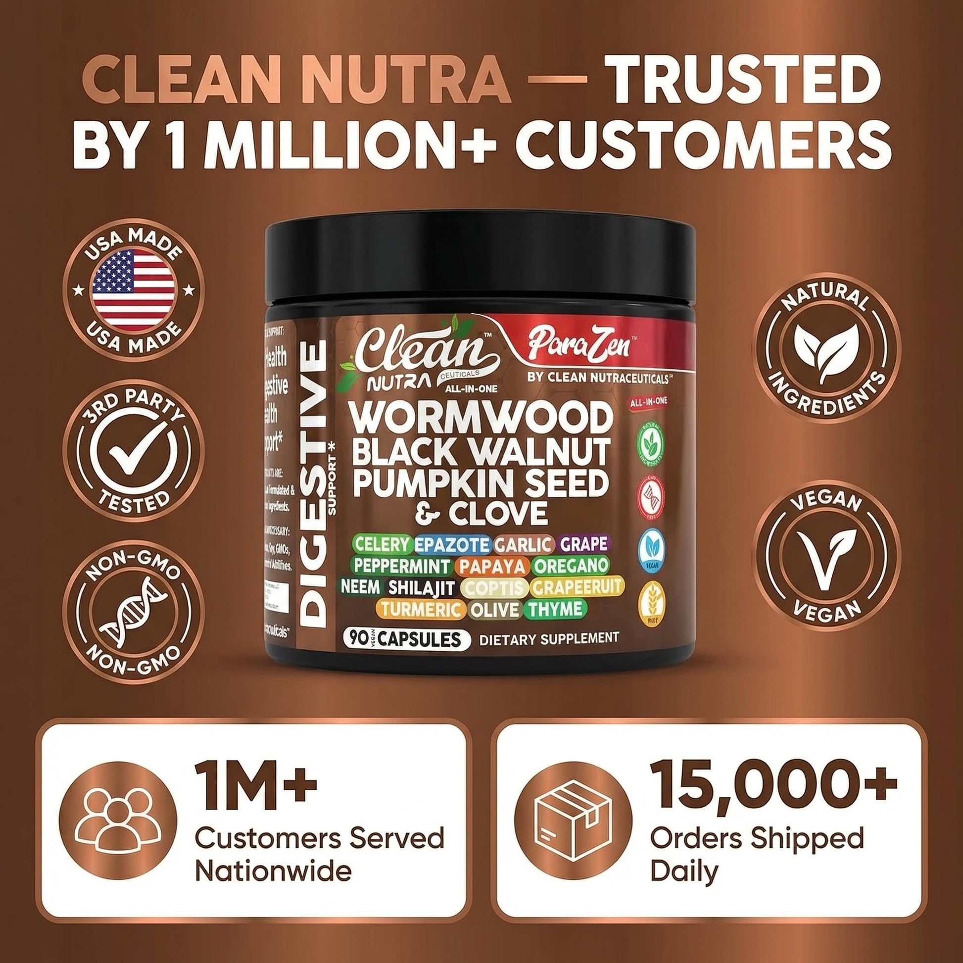 Clean Nutraceuticals Wormwood And Black Walnut Gut Health Supplement Packaging And Bottle