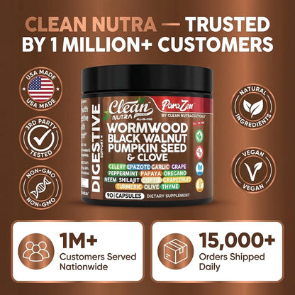 Clean Nutraceuticals Wormwood And Black Walnut Gut Health Supplement Packaging And Bottle