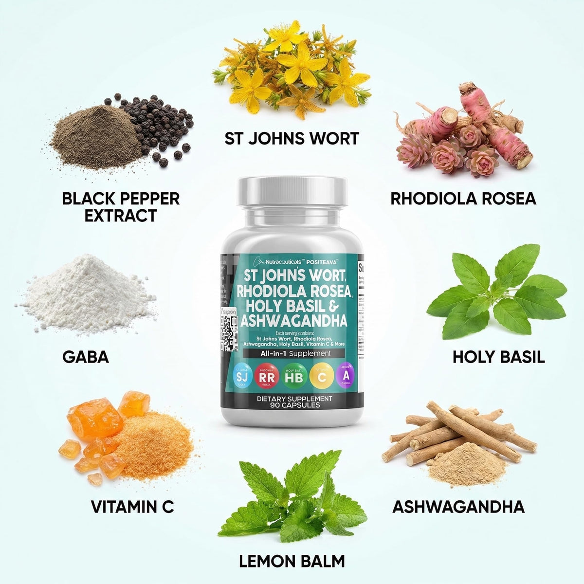 Clean Nutraceuticals blend of St Johns Wort Rhodiola and Ashwagandha capsules for stress relief
