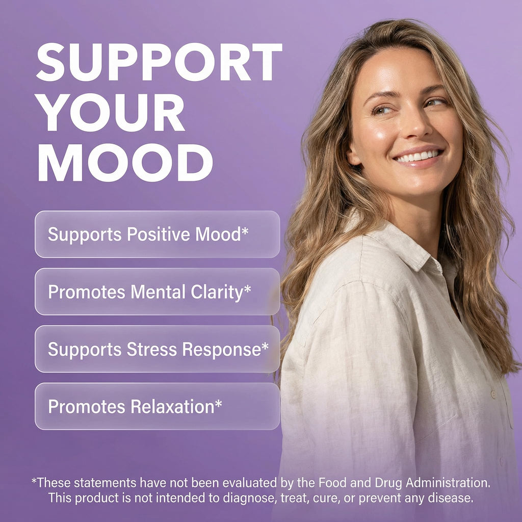 Clean Nutraceuticals Mellomood sixty vegan capsules packaging highlighting natural stress relief and mental clarity benefits.