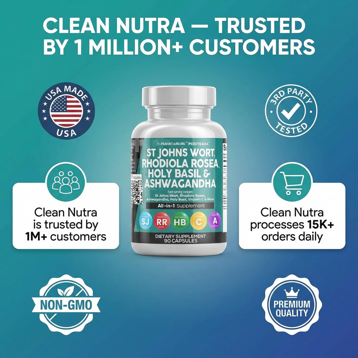 Clean Nutraceuticals packaging detailing natural mood support capsules manufactured in the USA