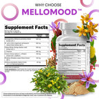 Mellomood stress relief dietary supplement container with clear view of the sixty vegetarian capsules count.