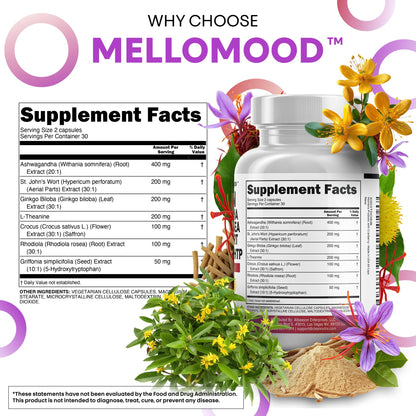 Mellomood stress relief dietary supplement container with clear view of the sixty vegetarian capsules count.
