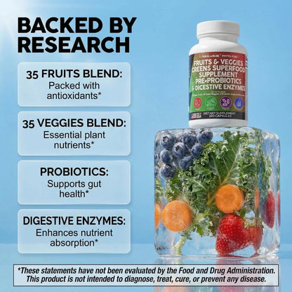 Clean Nutraceuticals Reds and Greens superfood capsules bottle showing probiotics prebiotics and digestive enzymes blend