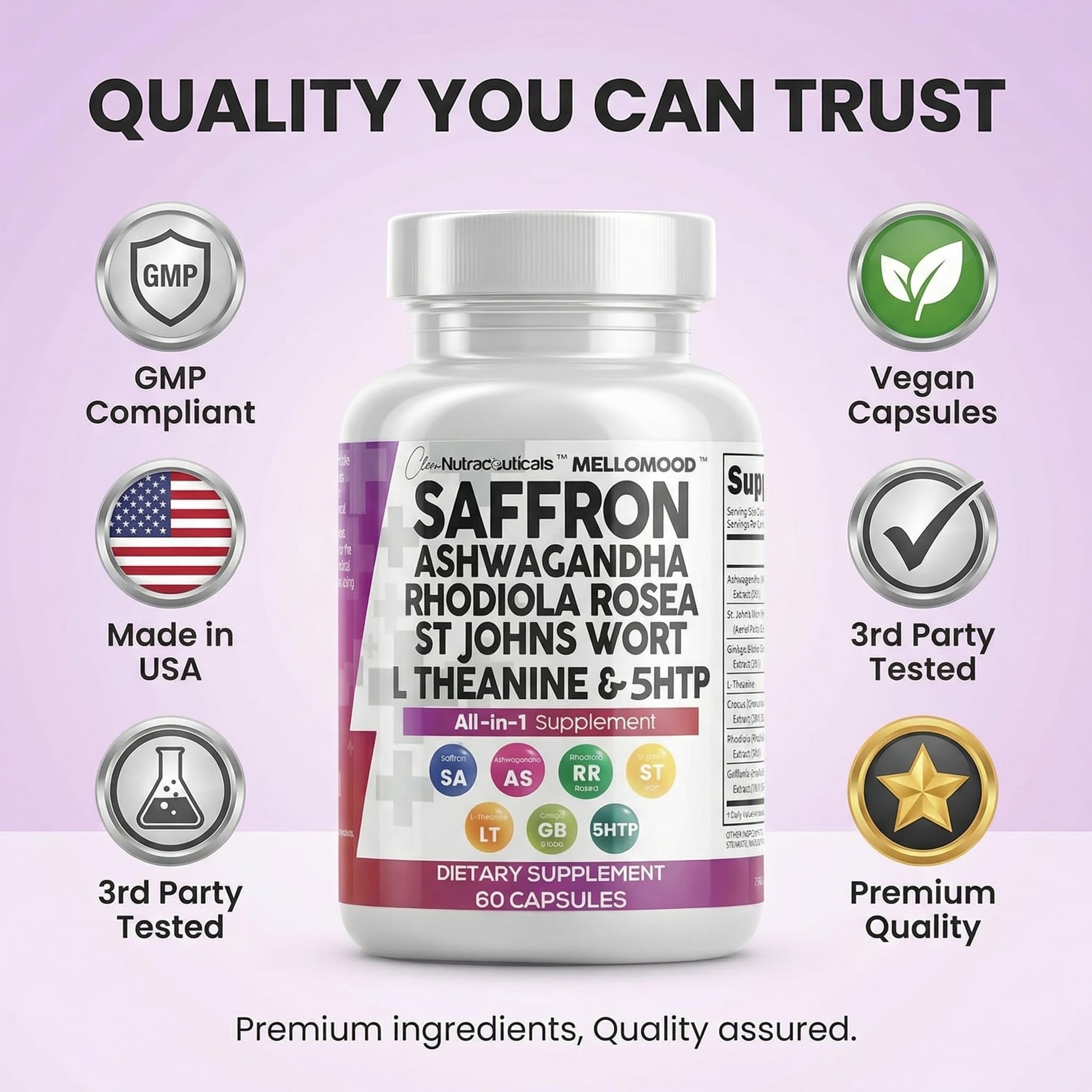 Authentic Clean Nutraceuticals Mellomood supplement container showing safe usage guidelines and ingredient facts.