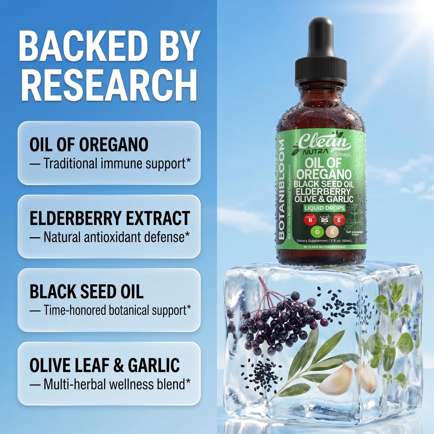 Clean Nutraceuticals 8-in-1 herbal defense formula bottle with dropper