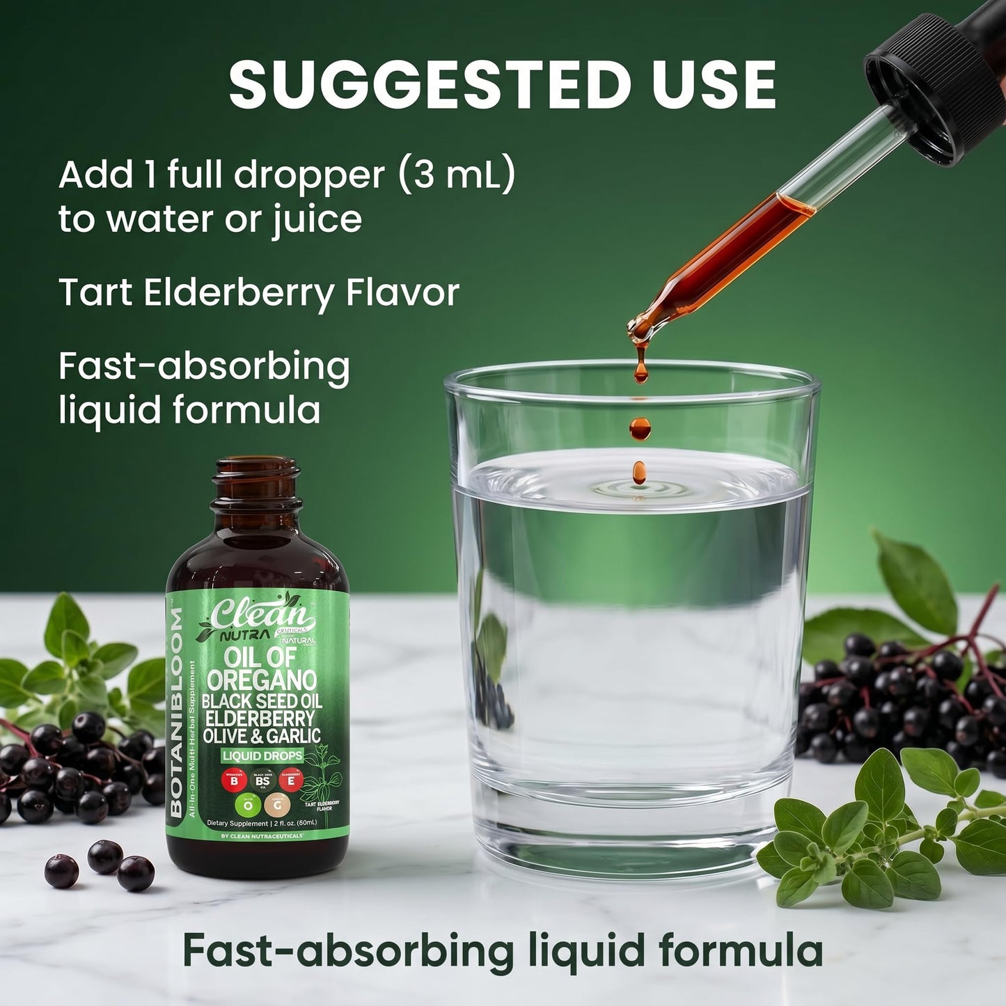 Imported Clean Nutra oregano and elderberry immune blend 2 fluid ounces bottle