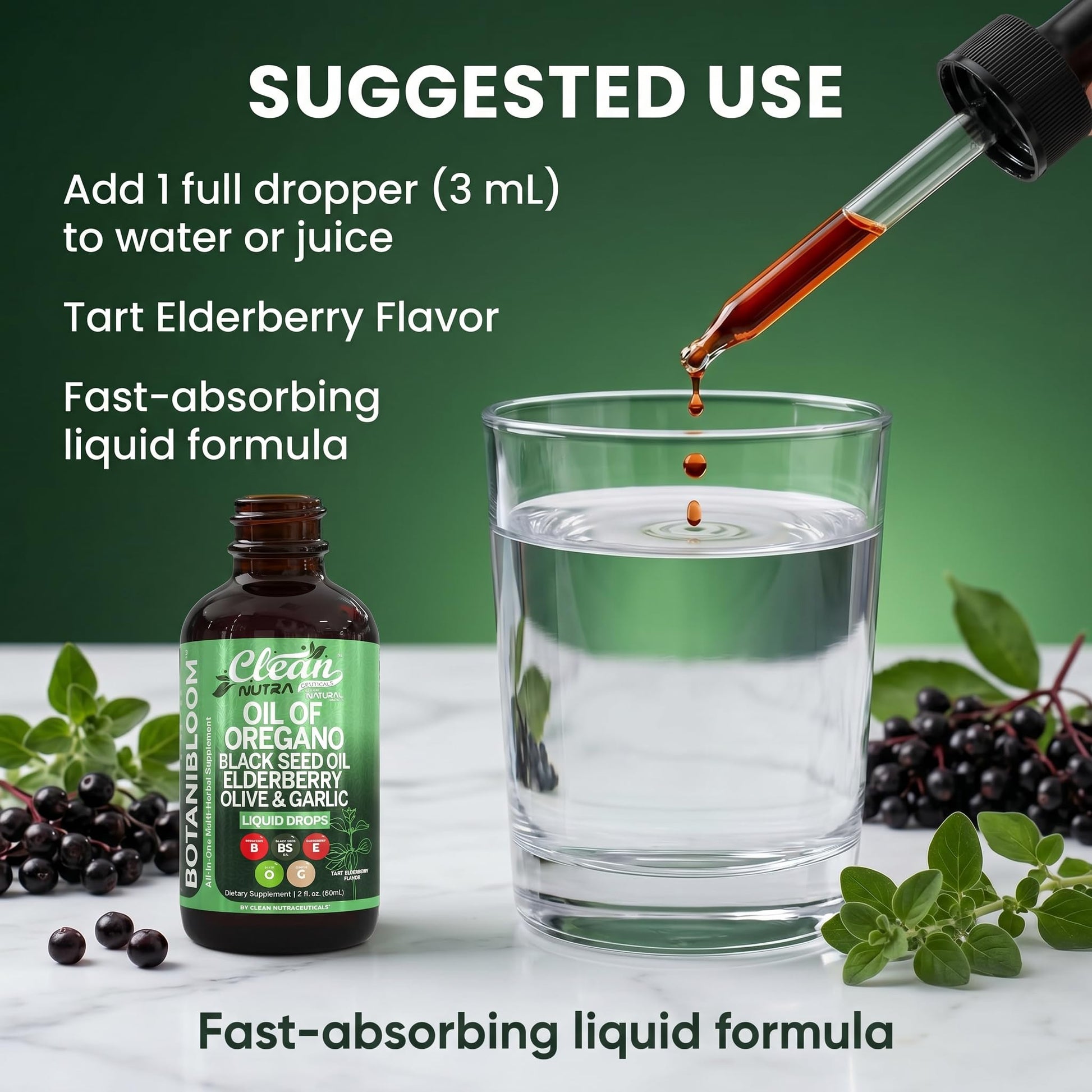 Imported Clean Nutra oregano and elderberry immune blend 2 fluid ounces bottle