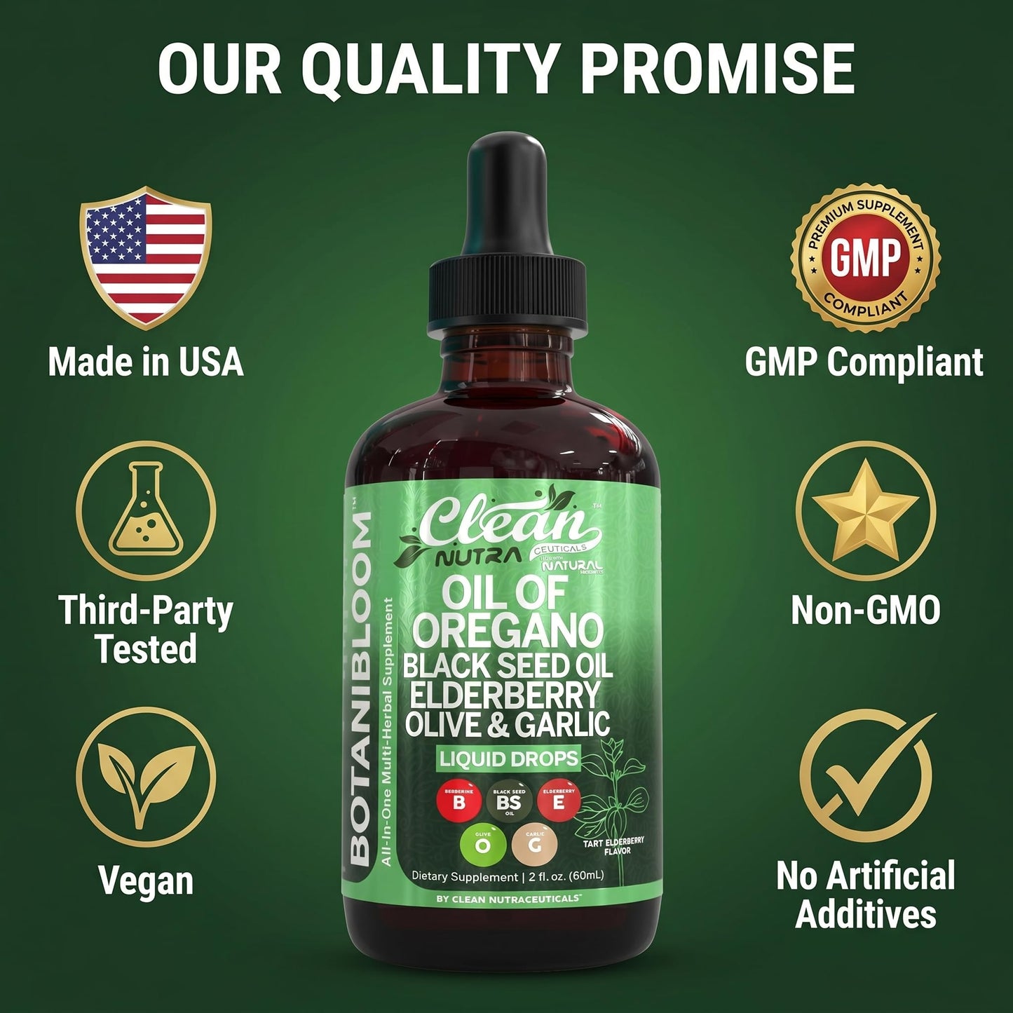 Clean Nutra multi-botanical immune support liquid showing application dropper