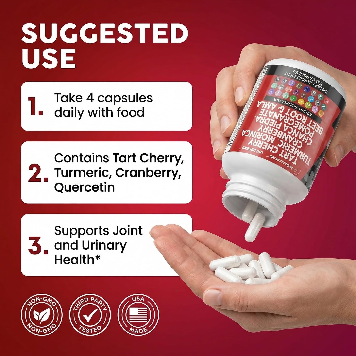 Side profile of Clean Nutraceuticals Tart Cherry capsule bottle depicting complete dietary supplement facts.