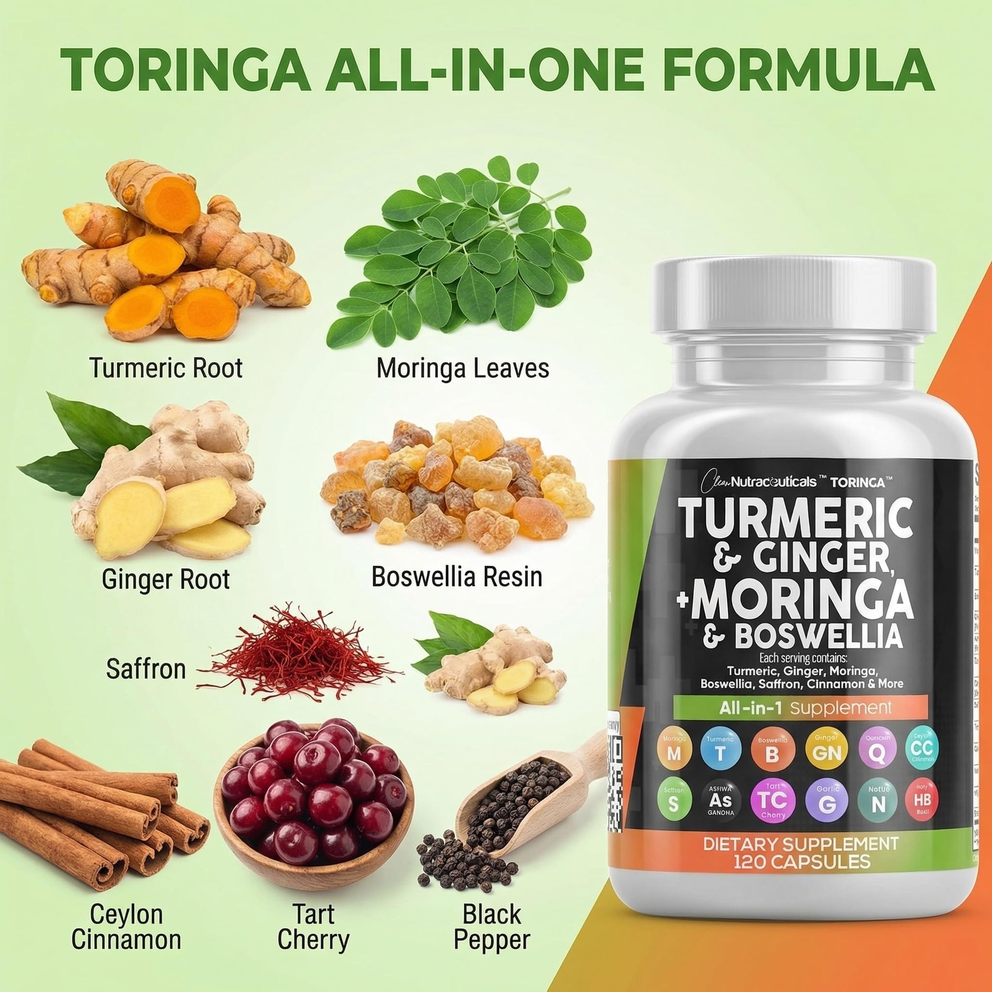 Clean Nutraceuticals Toringa all in one capsule bottle sitting on a bright surface.