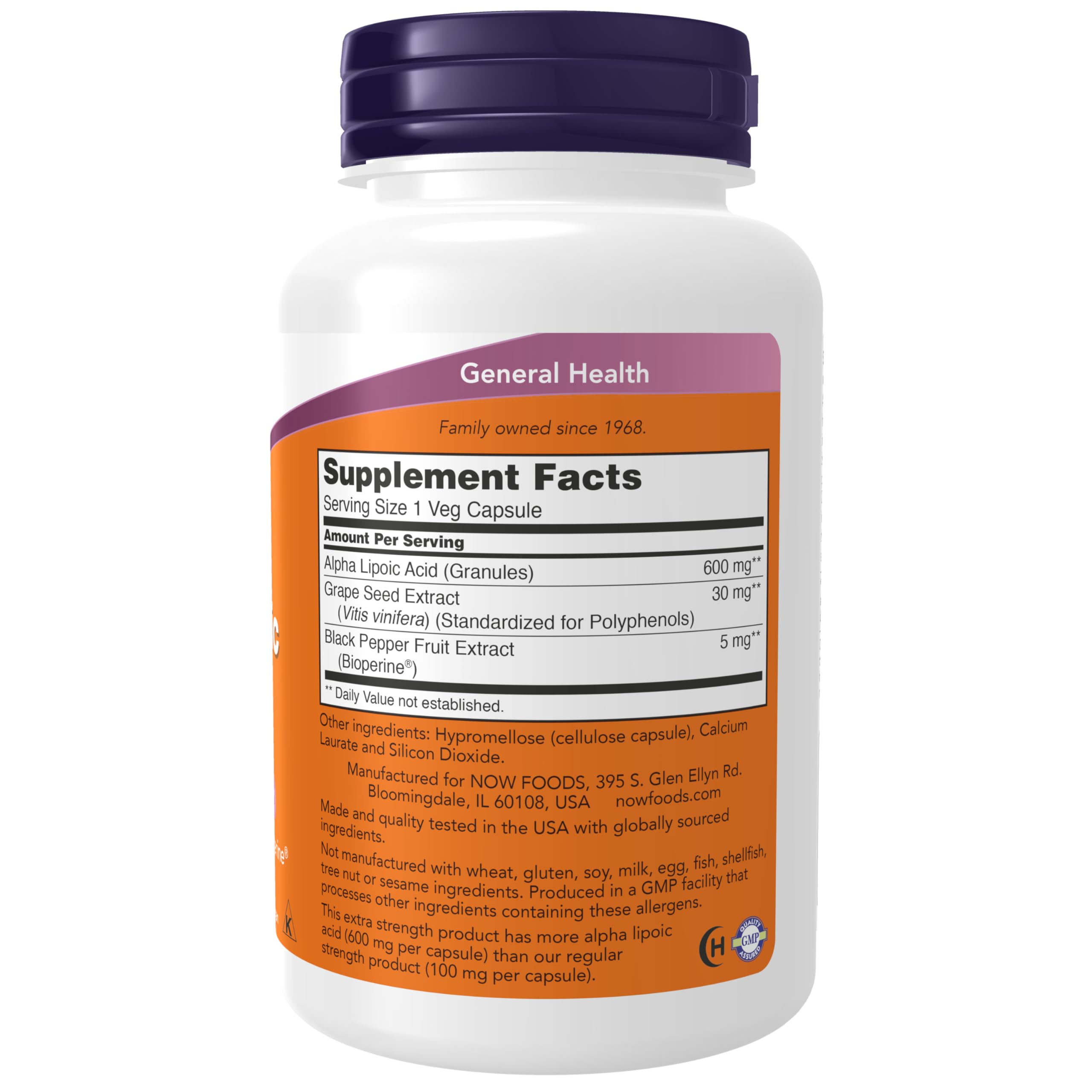 Now Foods Alpha Lipoic Acid 120 capsules label detail