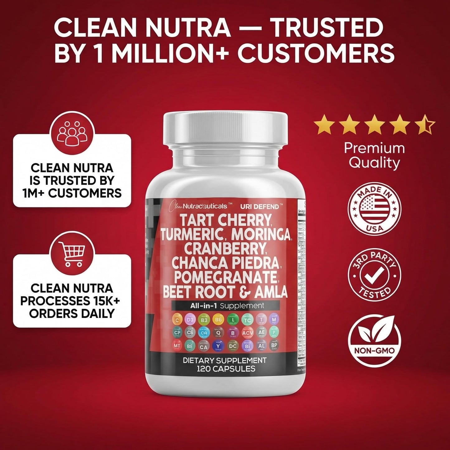 Clean Nutraceuticals Tart Cherry and Turmeric complex displaying full botanical equivalents for kidney health.