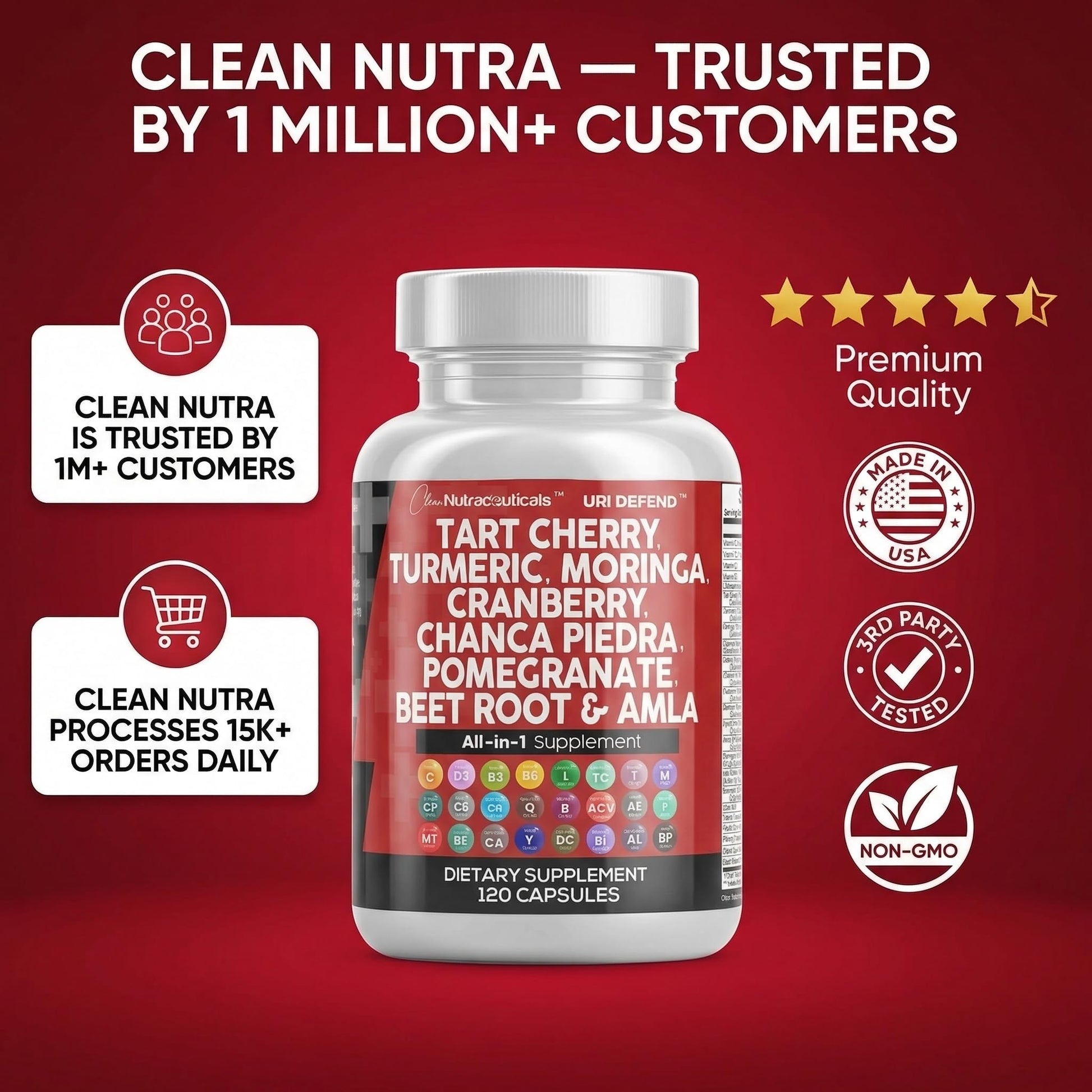 Clean Nutraceuticals Tart Cherry and Turmeric complex displaying full botanical equivalents for kidney health.