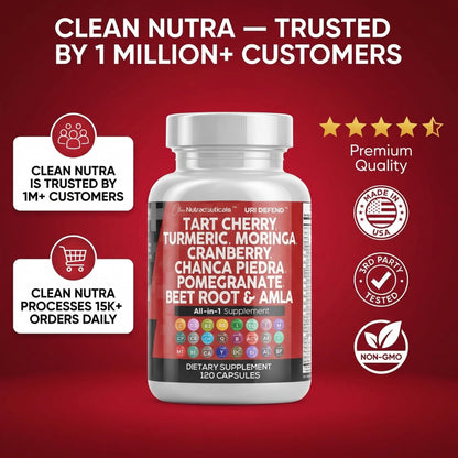Clean Nutraceuticals Tart Cherry and Turmeric complex displaying full botanical equivalents for kidney health.