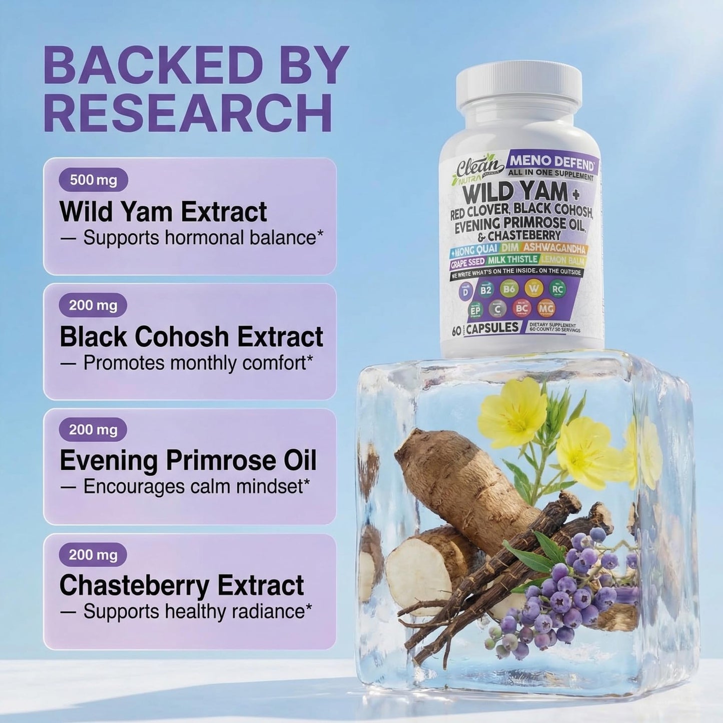 Back of bottle showing supplement facts for Clean Nutraceuticals capsules