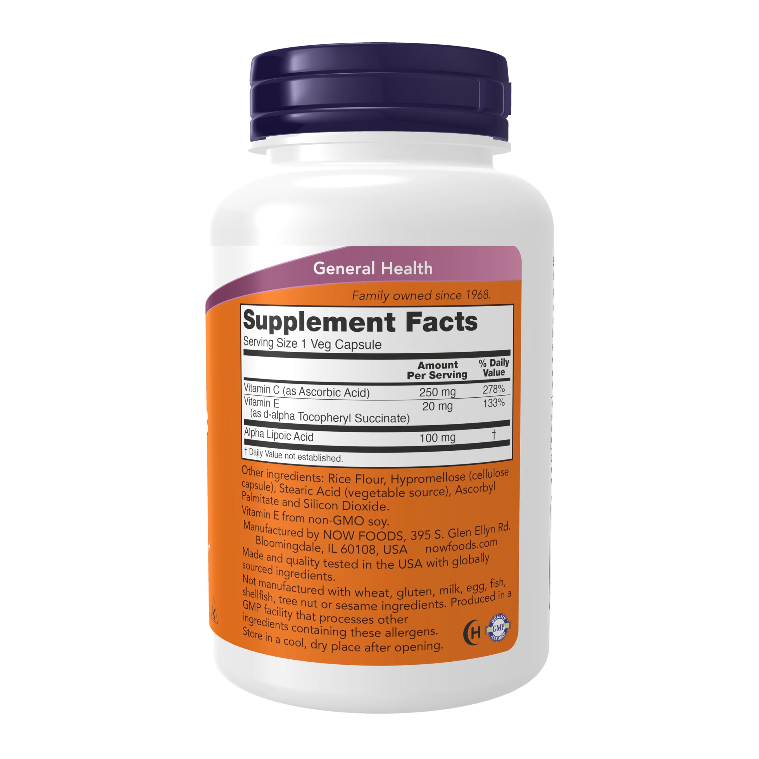 Now Foods Alpha Lipoic Acid 120 vegetable capsules nutritional label
