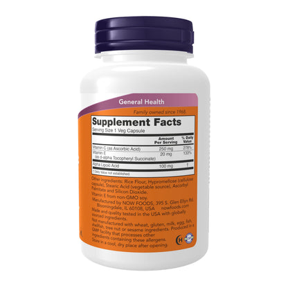 Now Foods Alpha Lipoic Acid 120 vegetable capsules nutritional label