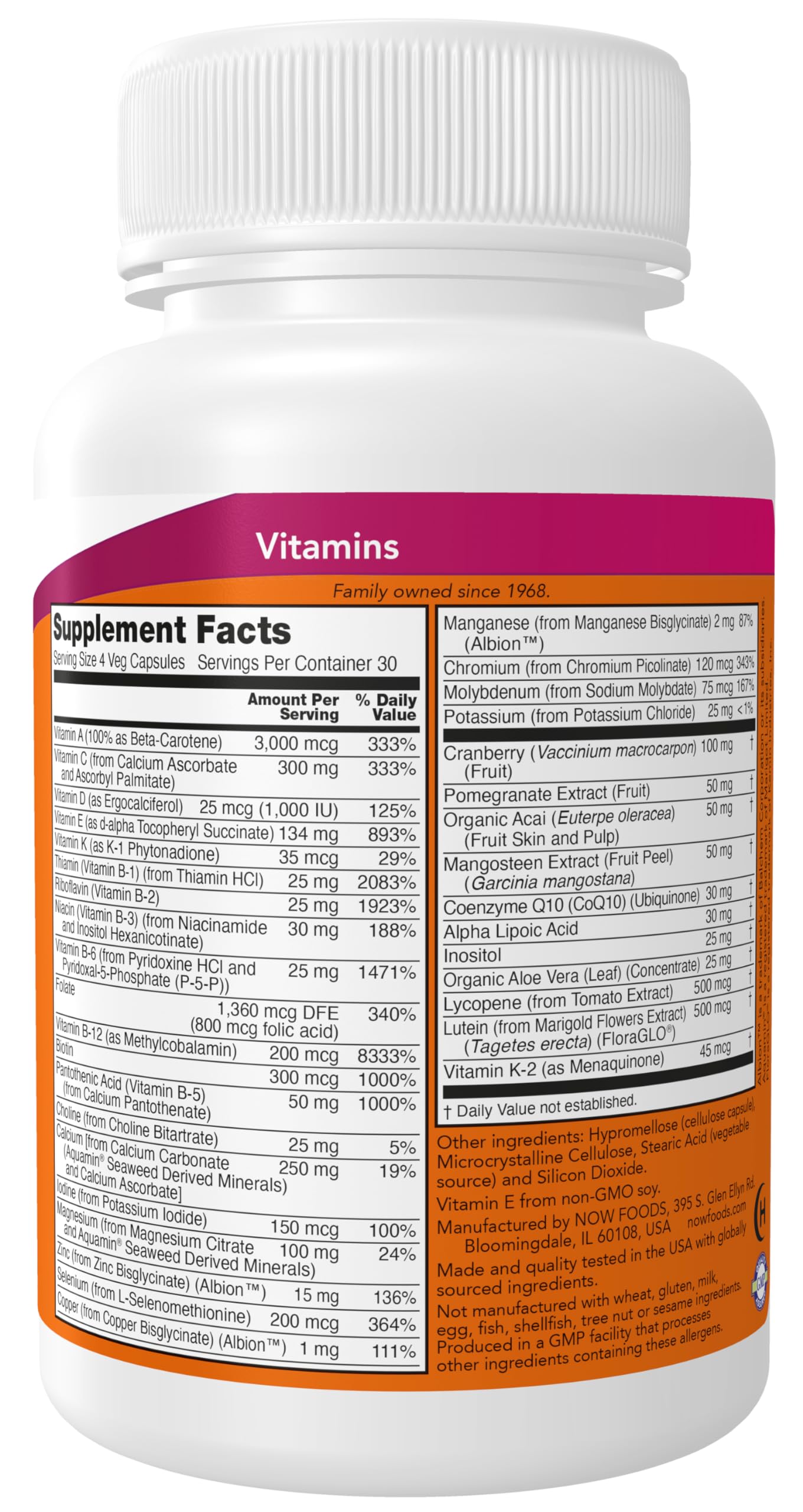 Now Foods Eve Women's Multivitamin supplement facts label