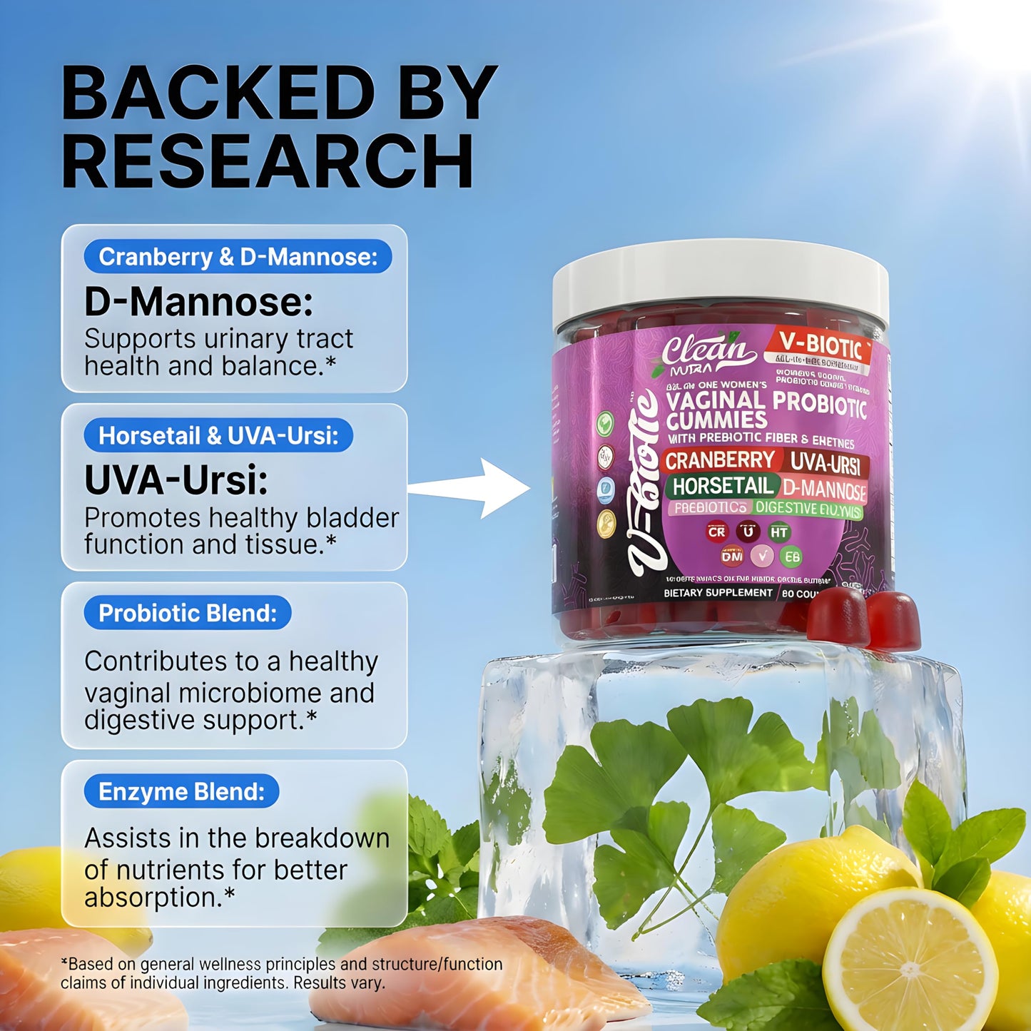 Clean Nutra Vbiotic Vaginal Probiotic gummy texture and color