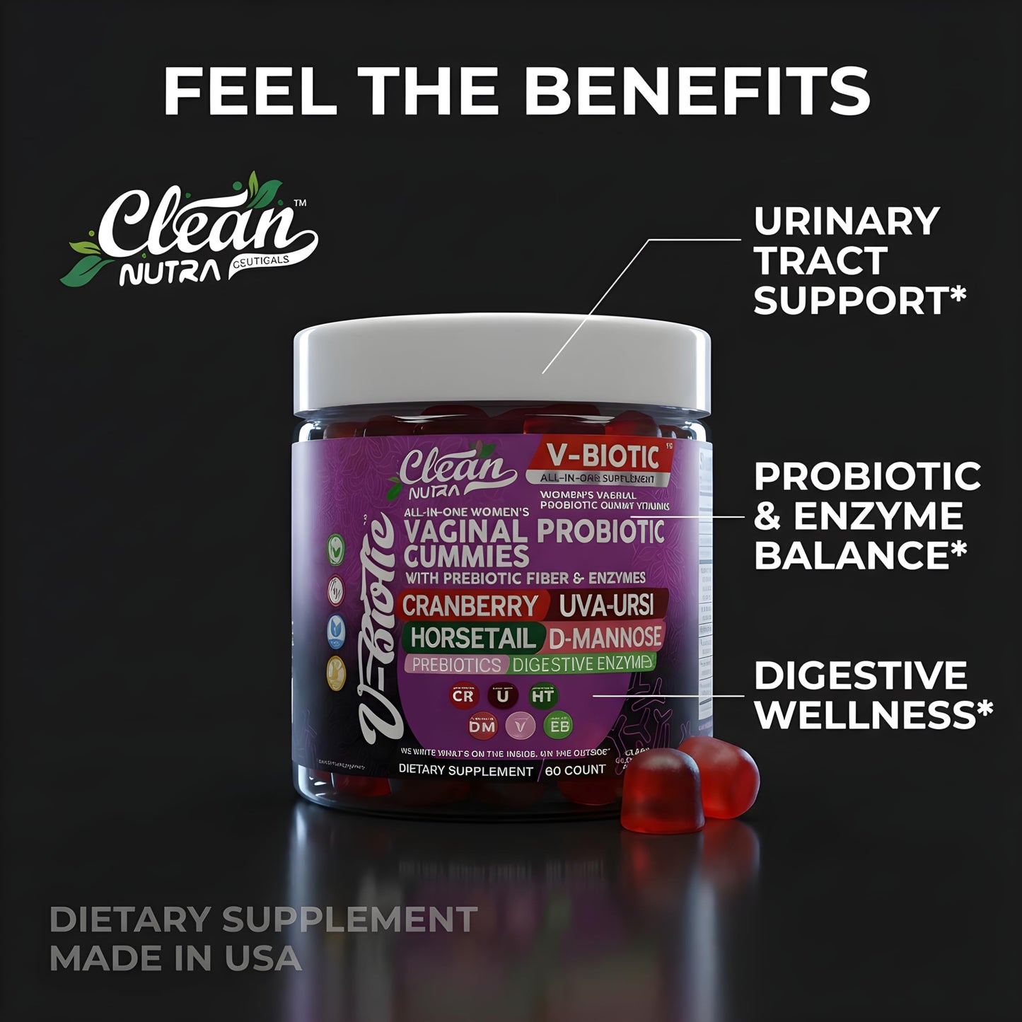Clean Nutra Vbiotic Vaginal Probiotic bottle and a single gummy