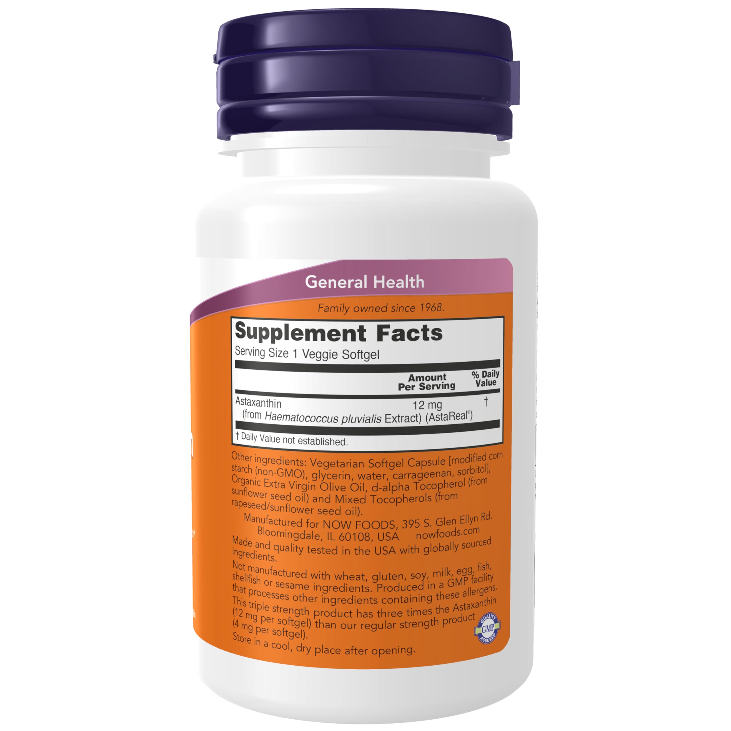 NOW Foods Astaxanthin 60 vegetarian softgels packaging displaying ingredients and nutritional facts panel.