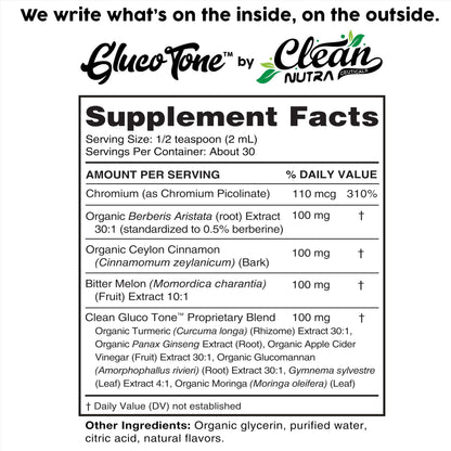 Clean Nutraceuticals herbal supplement drops nutritional facts panel showing chromium and bitter melon