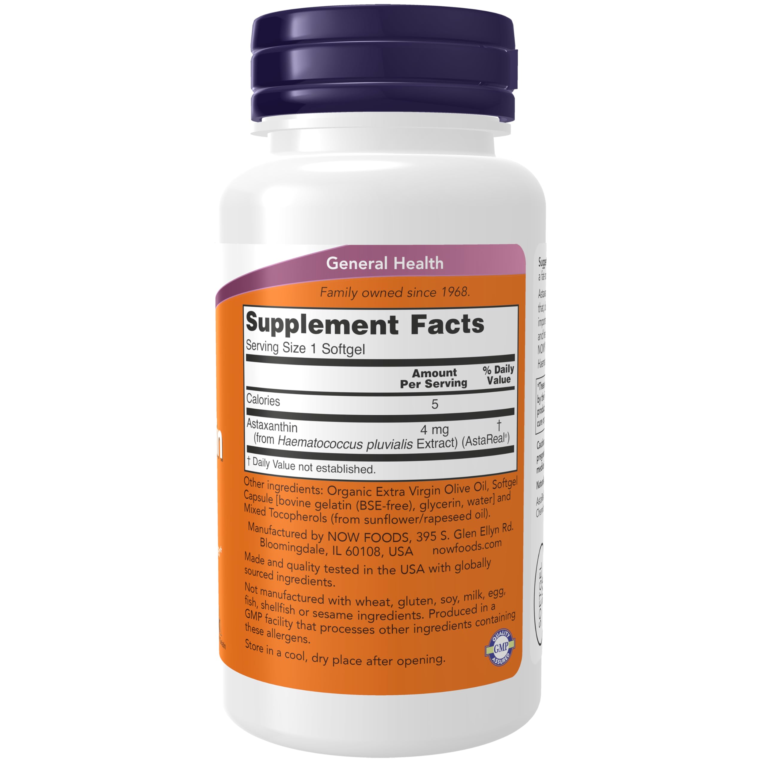 Now Foods Astaxanthin cellular protection supplement supplement facts label showing ingredients