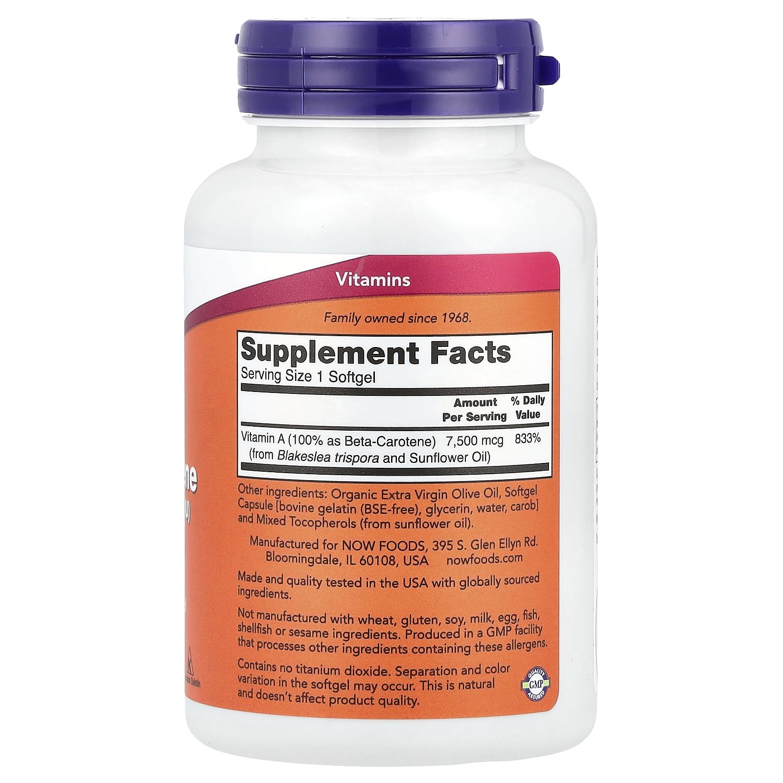 Supplement facts label and ingredient list on the back of NOW Foods Beta Carotene container