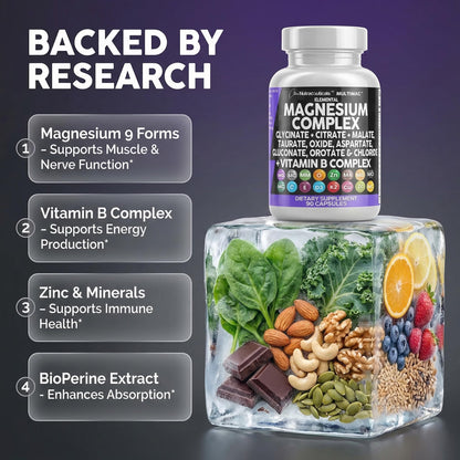 Clean Nutraceuticals 9 in 1 magnesium complex dietary supplement capsules displayed next to the bottle