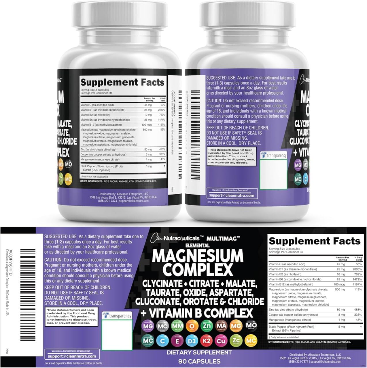 Authentic USA imported Clean Nutraceuticals magnesium complex packaging showing product ingredients list