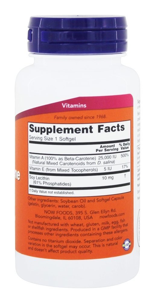 NOW Foods Beta Carotene supplement facts label and ingredient details