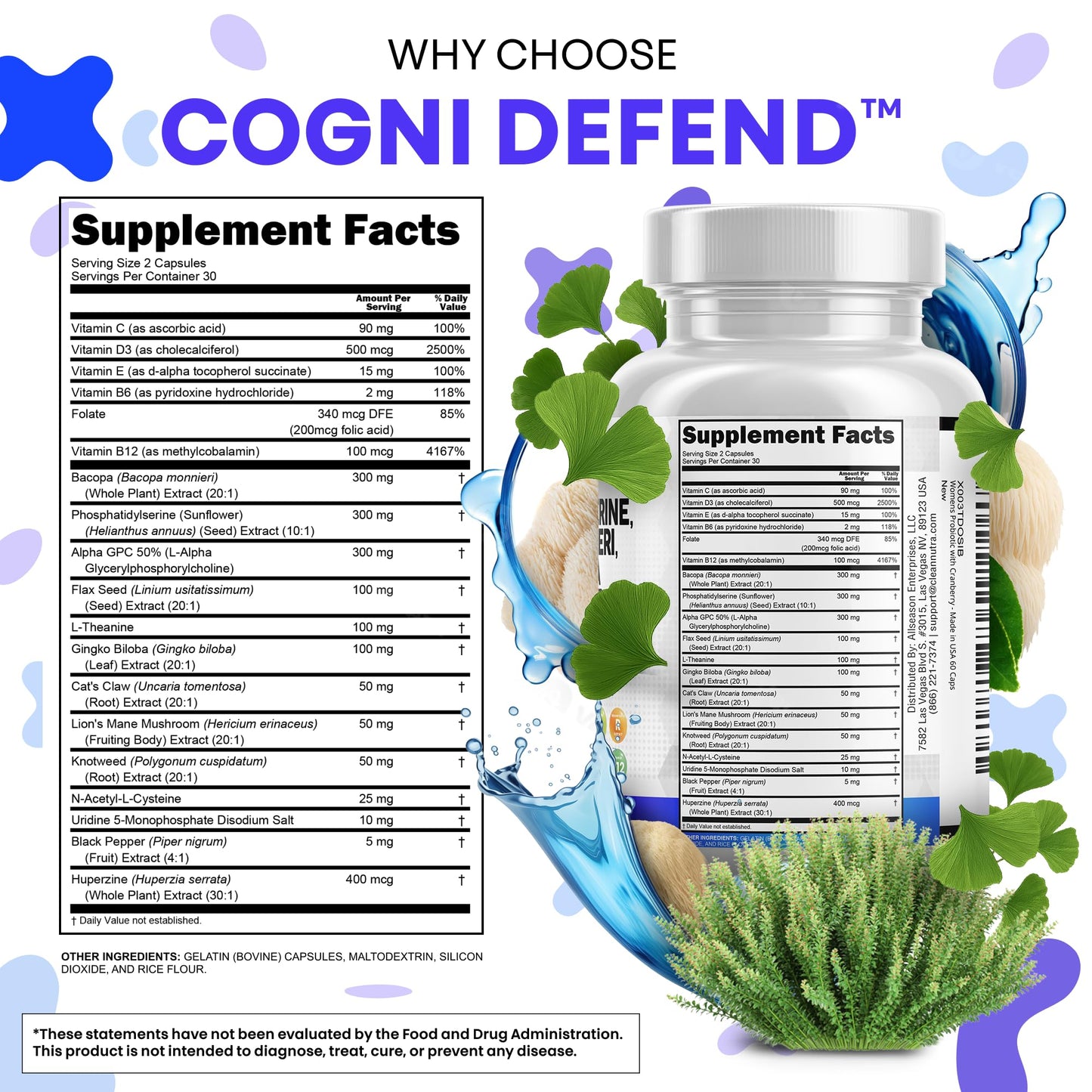 Clean Nutraceuticals Cogni Defend cognitive support supplement placed on a clean background.