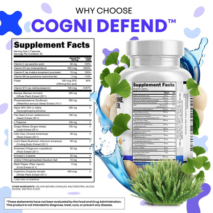 Clean Nutraceuticals Cogni Defend cognitive support supplement placed on a clean background.