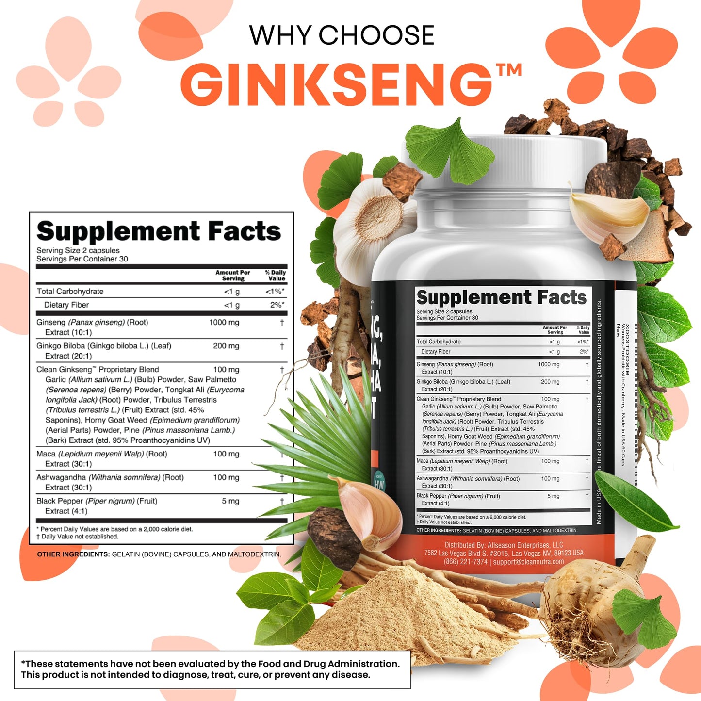 Clean Nutraceuticals ashwagandha and maca root nootropic stack bottle back label showing complete supplement facts panel