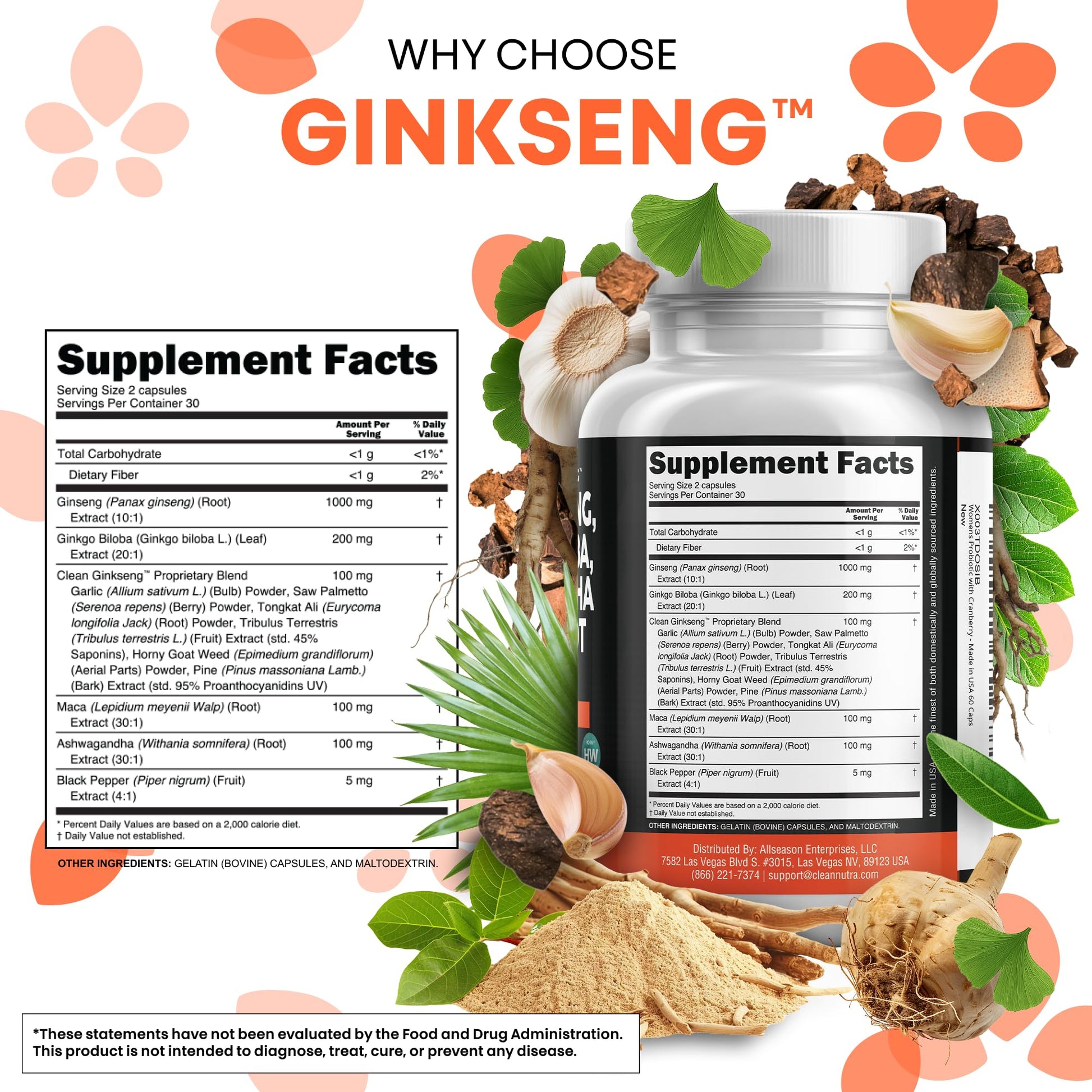 Clean Nutraceuticals ashwagandha and maca root nootropic stack bottle back label showing complete supplement facts panel