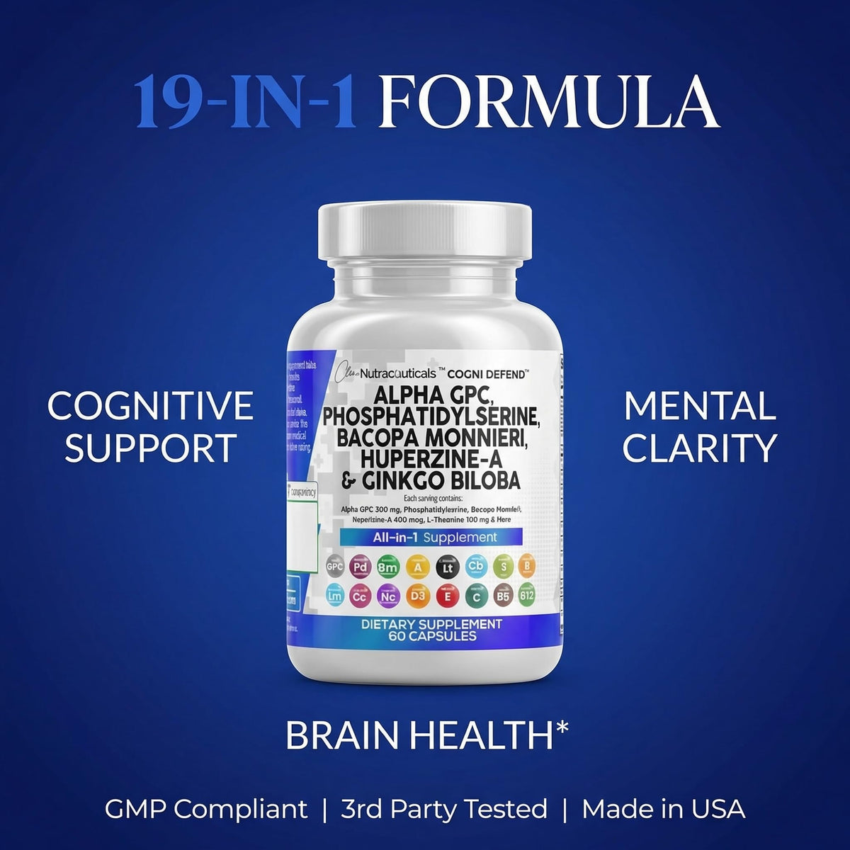 Clean Nutraceuticals Cogni Defend bottle displaying memory and focus blend benefits clearly.