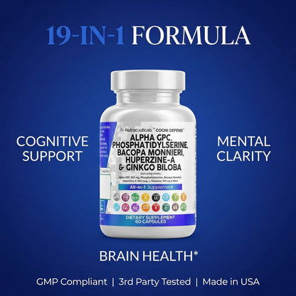 Clean Nutraceuticals Cogni Defend bottle displaying memory and focus blend benefits clearly.